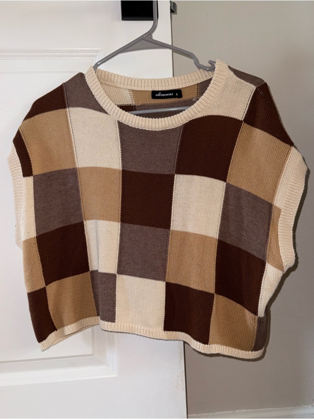 Olivaceous Chunky Checkerboard Knit Top in Brown and Cream